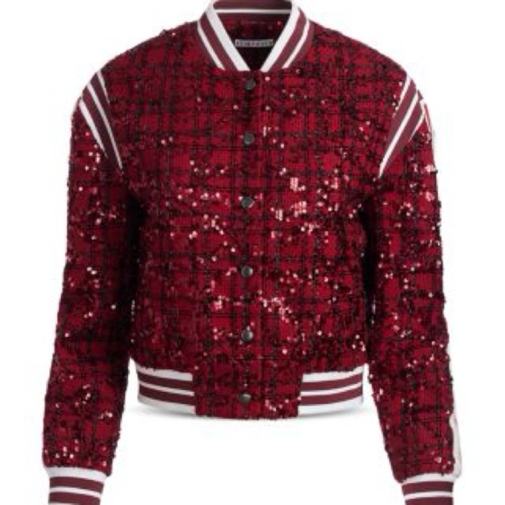 Alice + Olivia Red Sequin Bomber Jacket